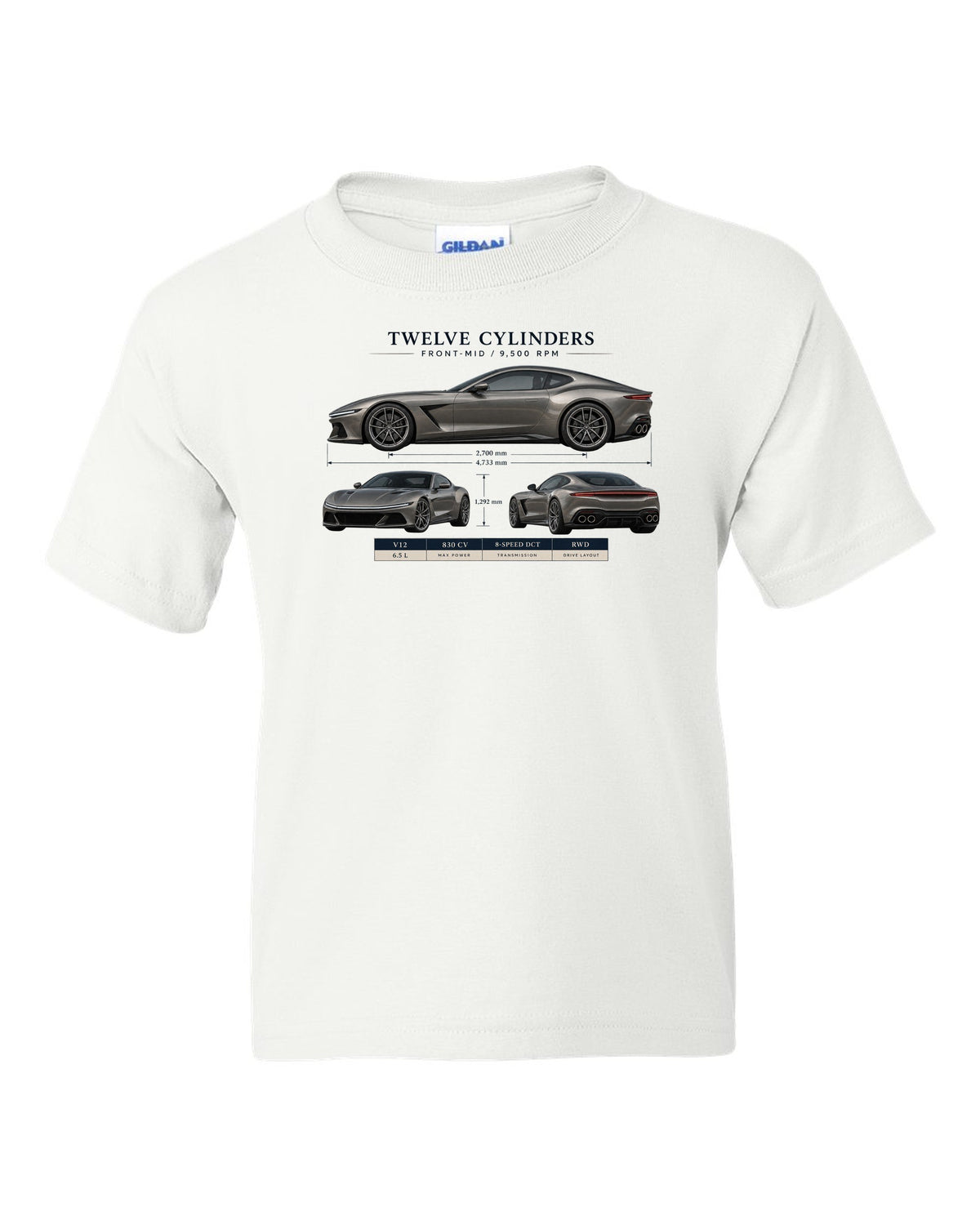 Three-view spec sheet print of the Ferrari 12Cilindri on a tee white kids tee front view with the design