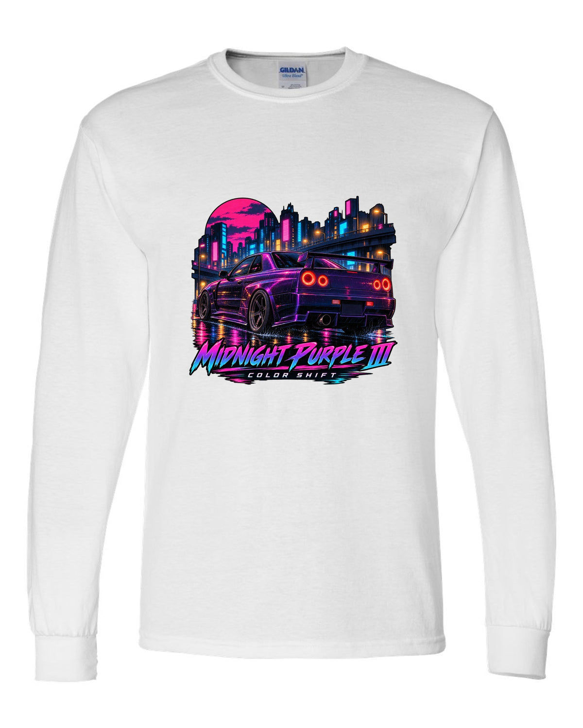Cel-shaded anime night street print of a Midnight Purple III Nissan Skyline GT-R R34 BNR34 white long sleeve front view with the design
