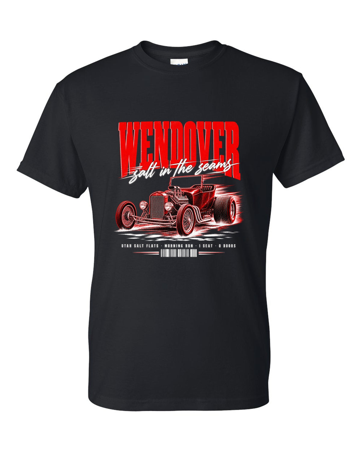 Street poster print of a T-bucket hot rod for Wendover and the Utah Salt Flats black t-shirt front view with the design