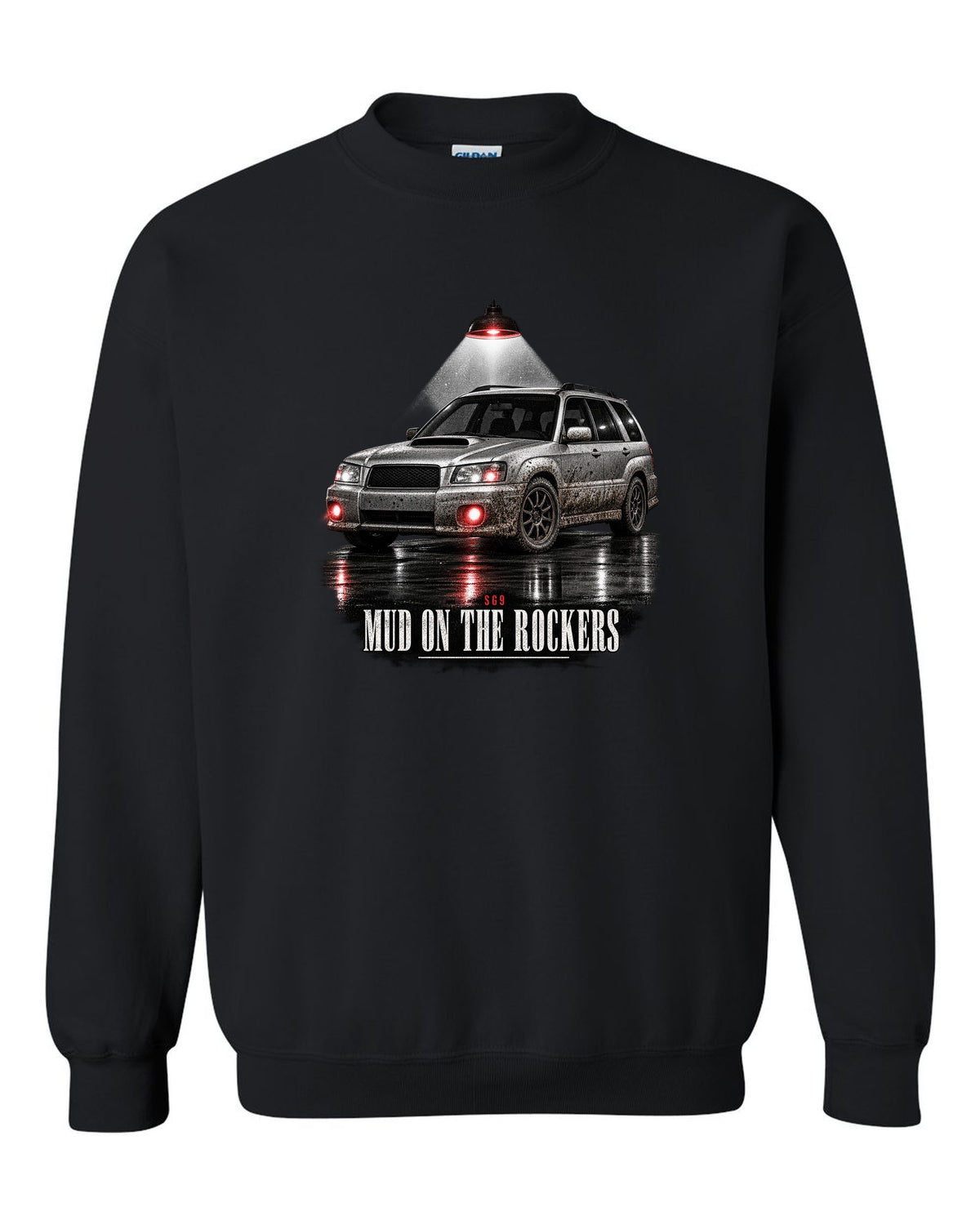Garage night print for the Subaru Forester SG9 reading Mud on the Rockers black crewneck front view with the design