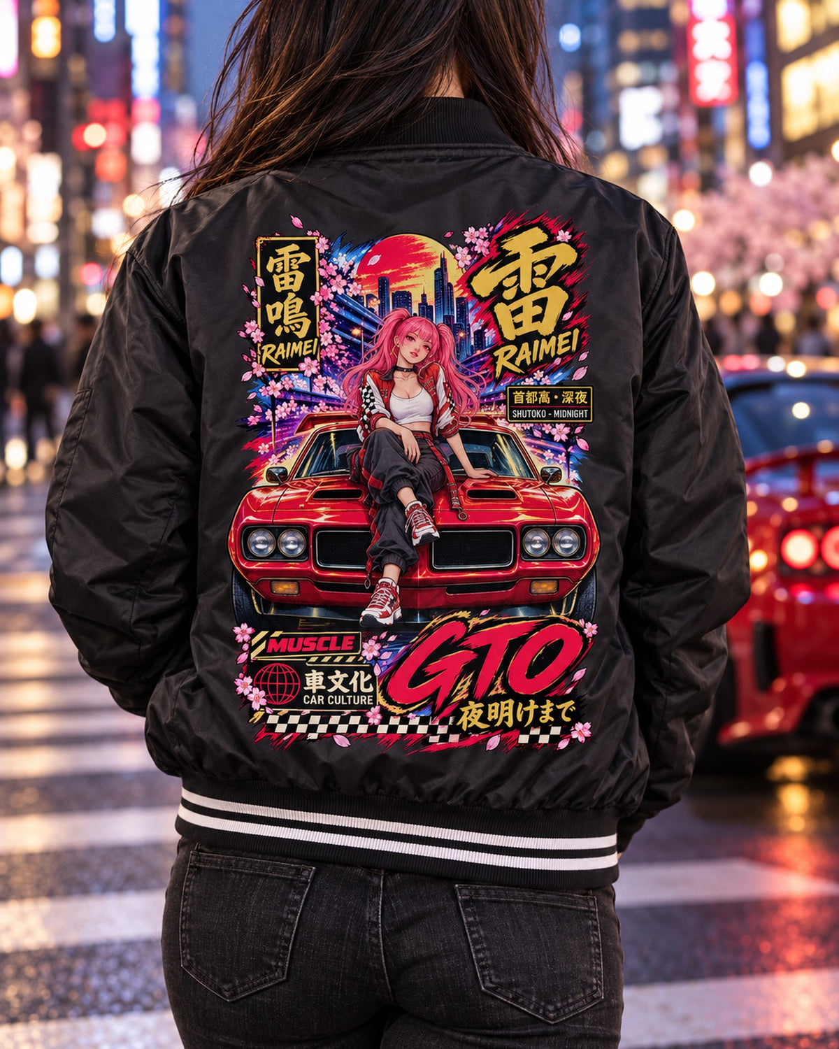 RAIMEI GTO Anime Girl Full-Back Graphic Tee Bomber Jacket Black worn hero