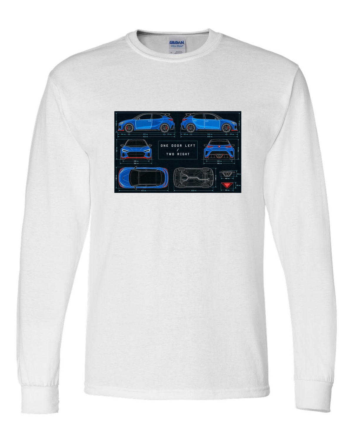 Hyundai Veloster N JS technical blueprint print with one door left and two right white long sleeve front view with the design