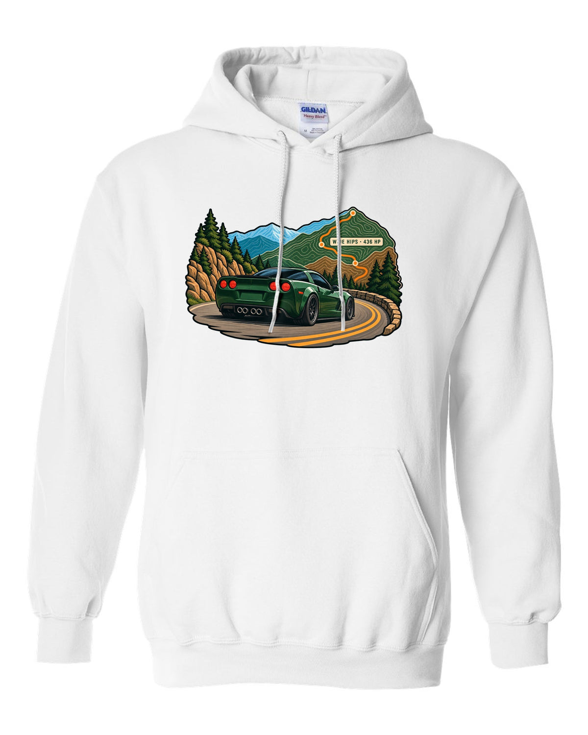 Topographic contour map print of a 2010 Chevrolet Corvette C6 Grand Sport with Wide Hips 436 HP text white pull over hoodie front view with the design