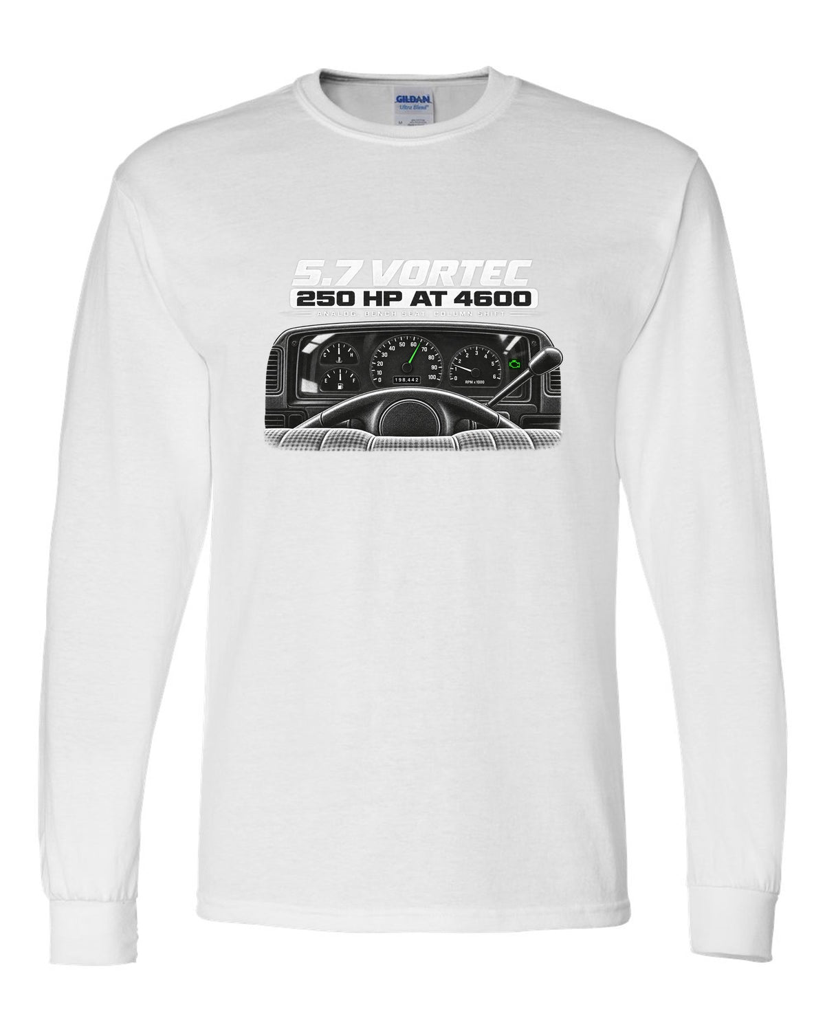 OBS Chevy C1500 cockpit and gauge cluster print white long sleeve front view with the design