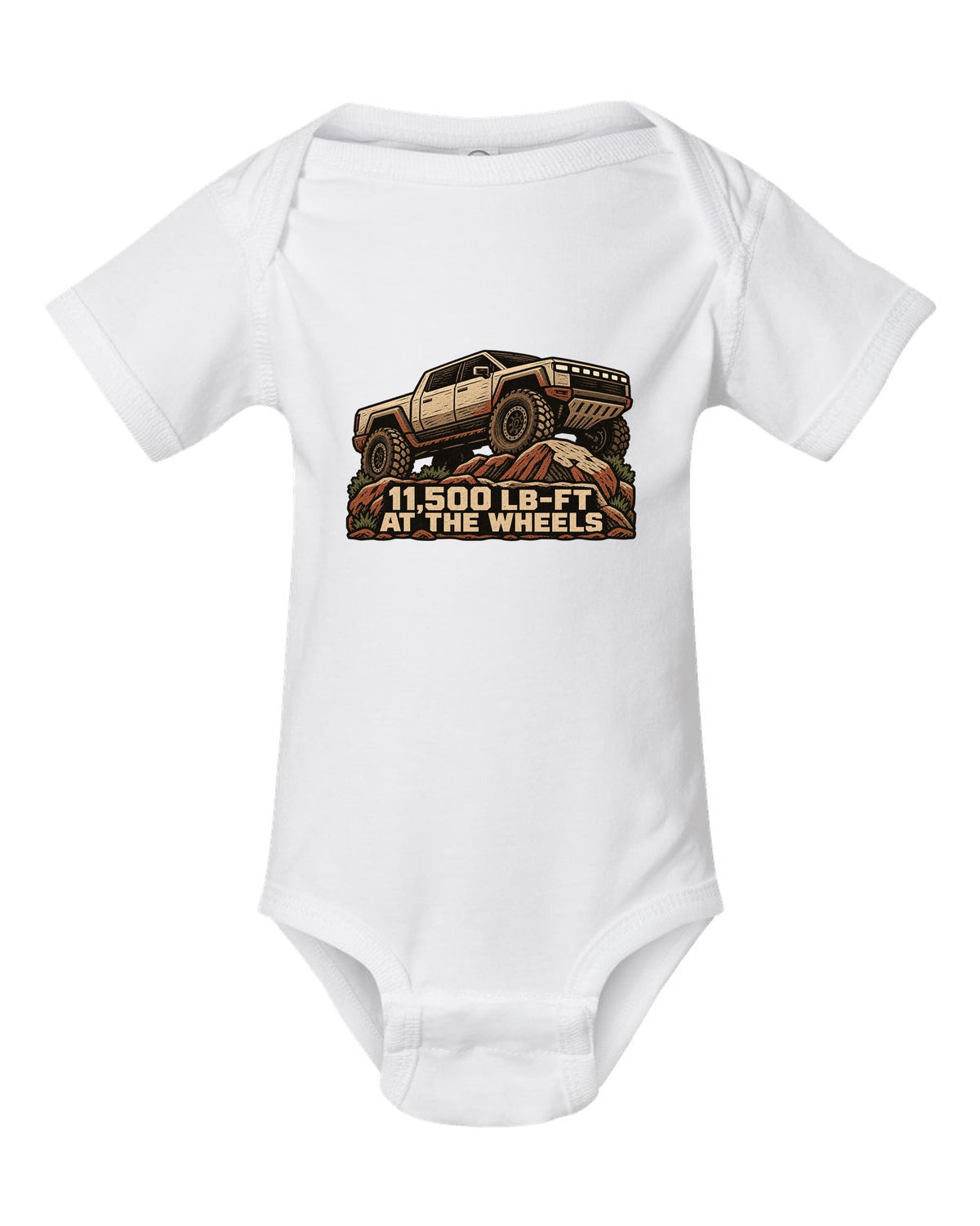 GMC Hummer EV linocut woodcut print on rocks with 11,500 lb-ft at the wheels white baby onesie front view with the design
