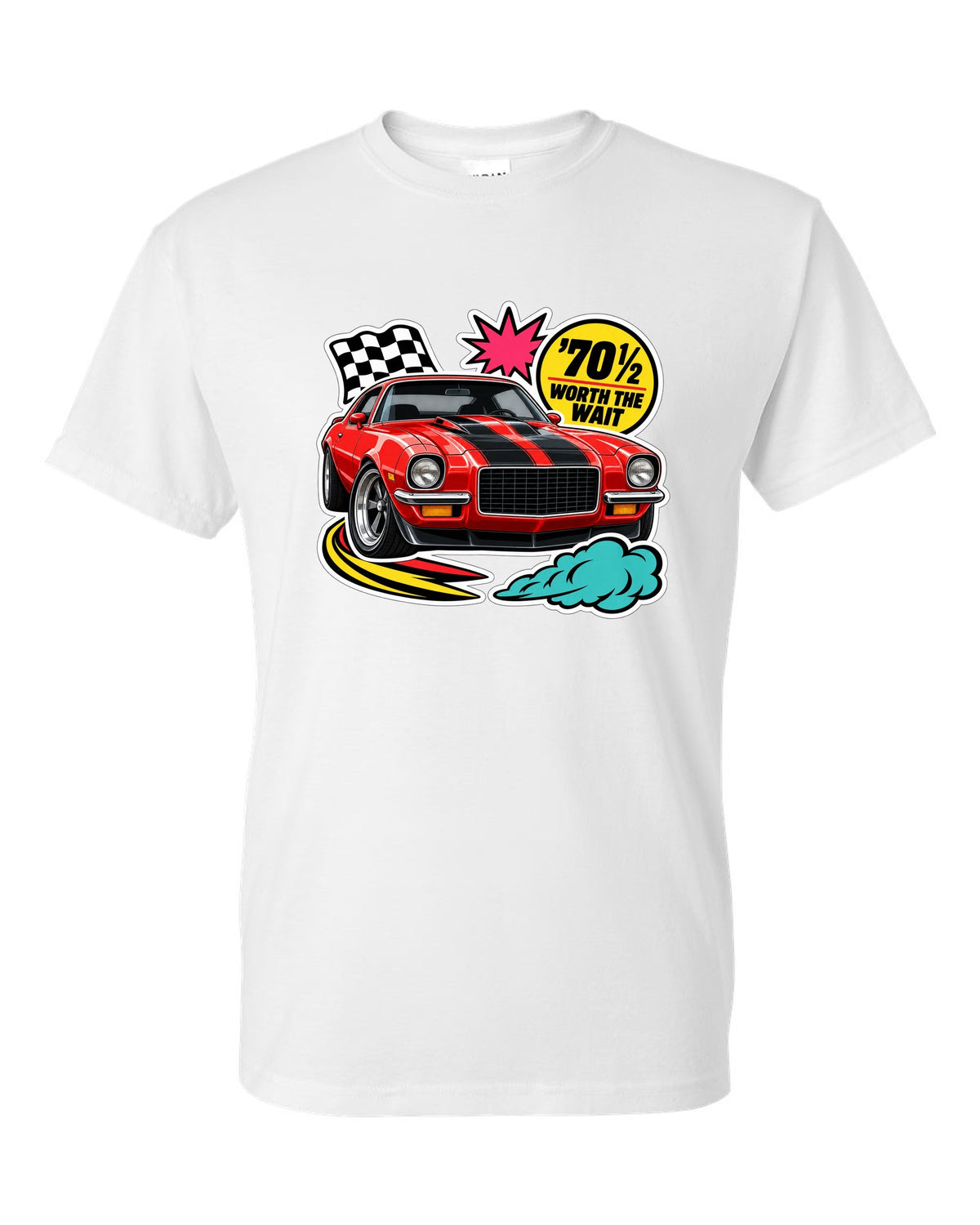 Sticker-bomb collage with die-cut edges of a 1970 Chevrolet Camaro Z28 white t-shirt front view with the design