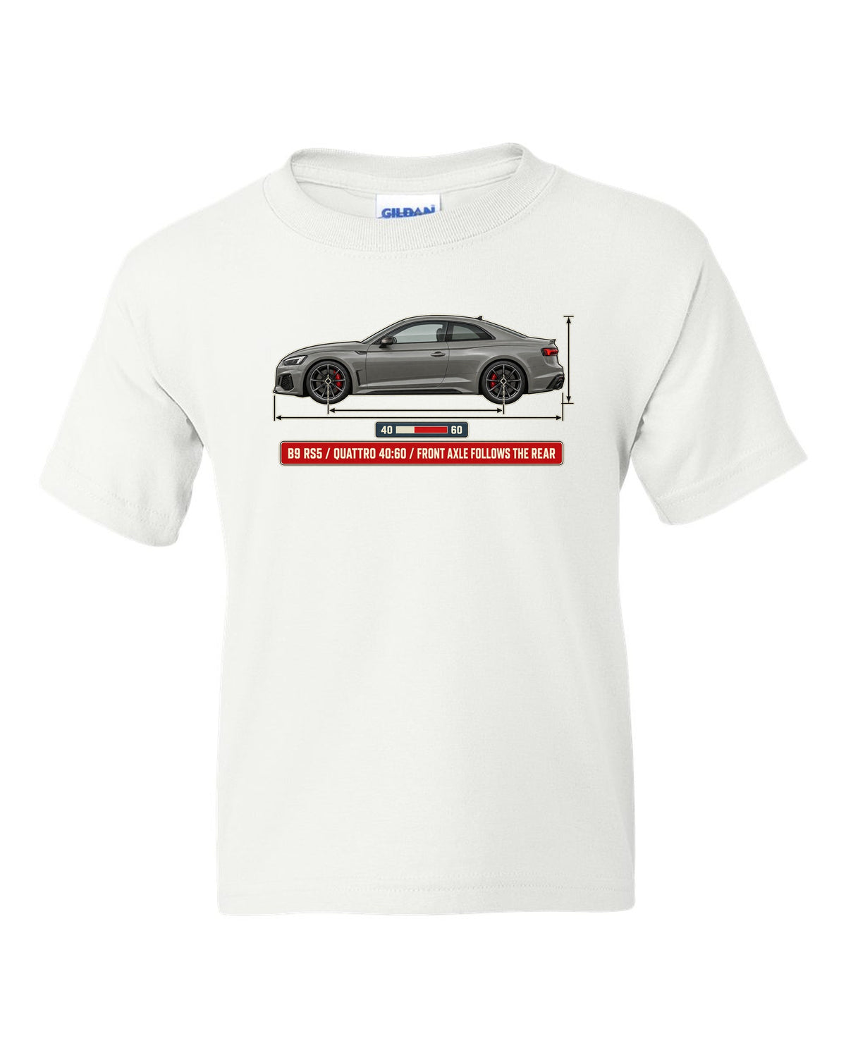 Dimension blueprint of an Audi RS5 Coupe B9 facelift with quattro 40:60 text white kids tee front view with the design
