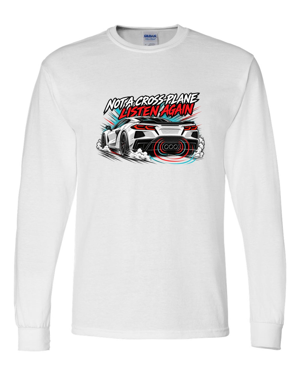 Badge crest design of a 2025 C8 Corvette ZR1 with large fender vents and rear wing white long sleeve front view with the design