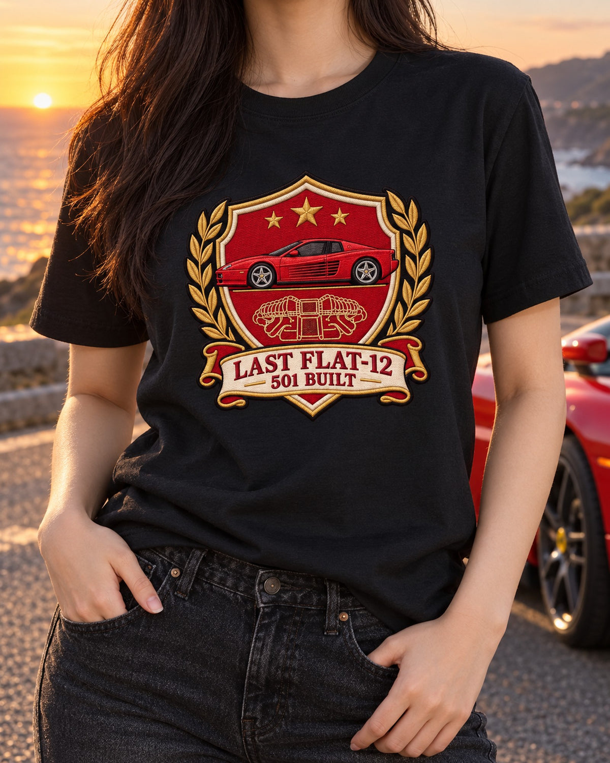 Ferrari F512 M Last Flat-12 501 Built Varsity Crest Shirt T-Shirt Black worn hero