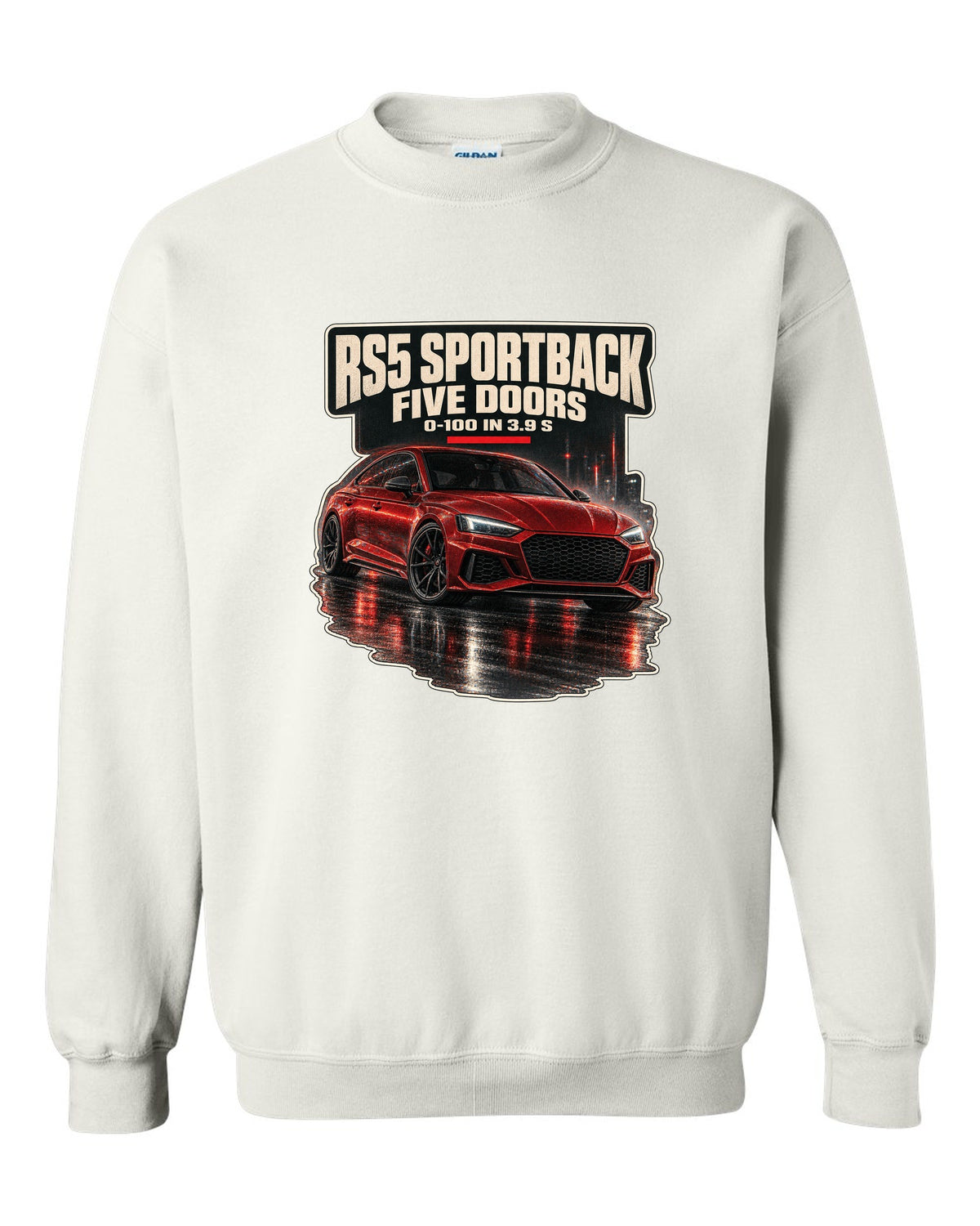 Night street scene of an Audi RS5 Sportback B9 facelift white crewneck front view with the design