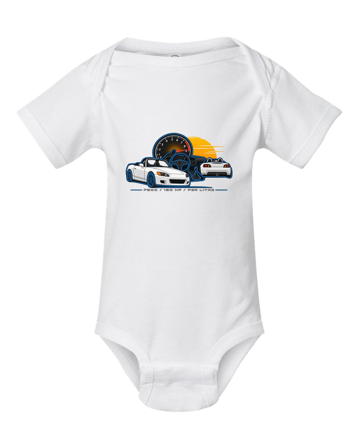 Minimal single-line contour print of a 1999 Honda S2000 AP1 with F20C 120 HP Per Litre lettering white baby onesie front view with the design
