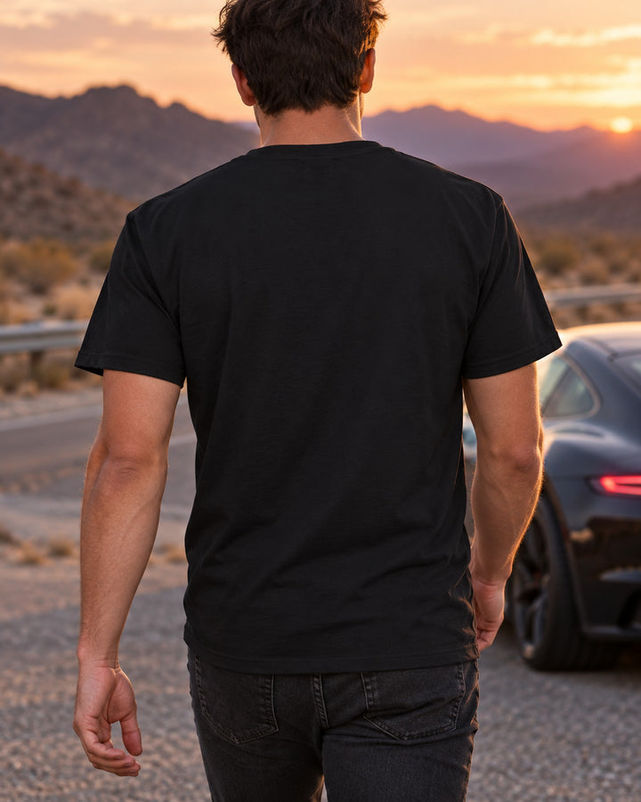 Art Deco Travel Poster Tee, Mercedes SLS AMG C197 Car Shirt T-Shirt Black worn hero
