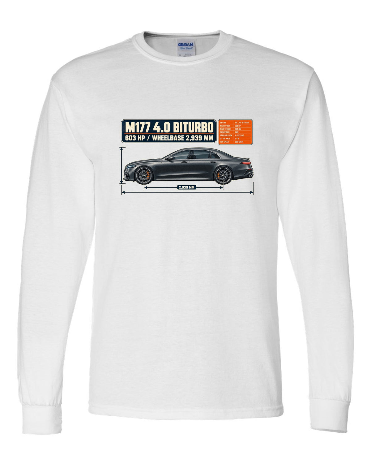 Dimension blueprint print of a graphite grey Mercedes-AMG E63 S W213 sedan white long sleeve front view with the design