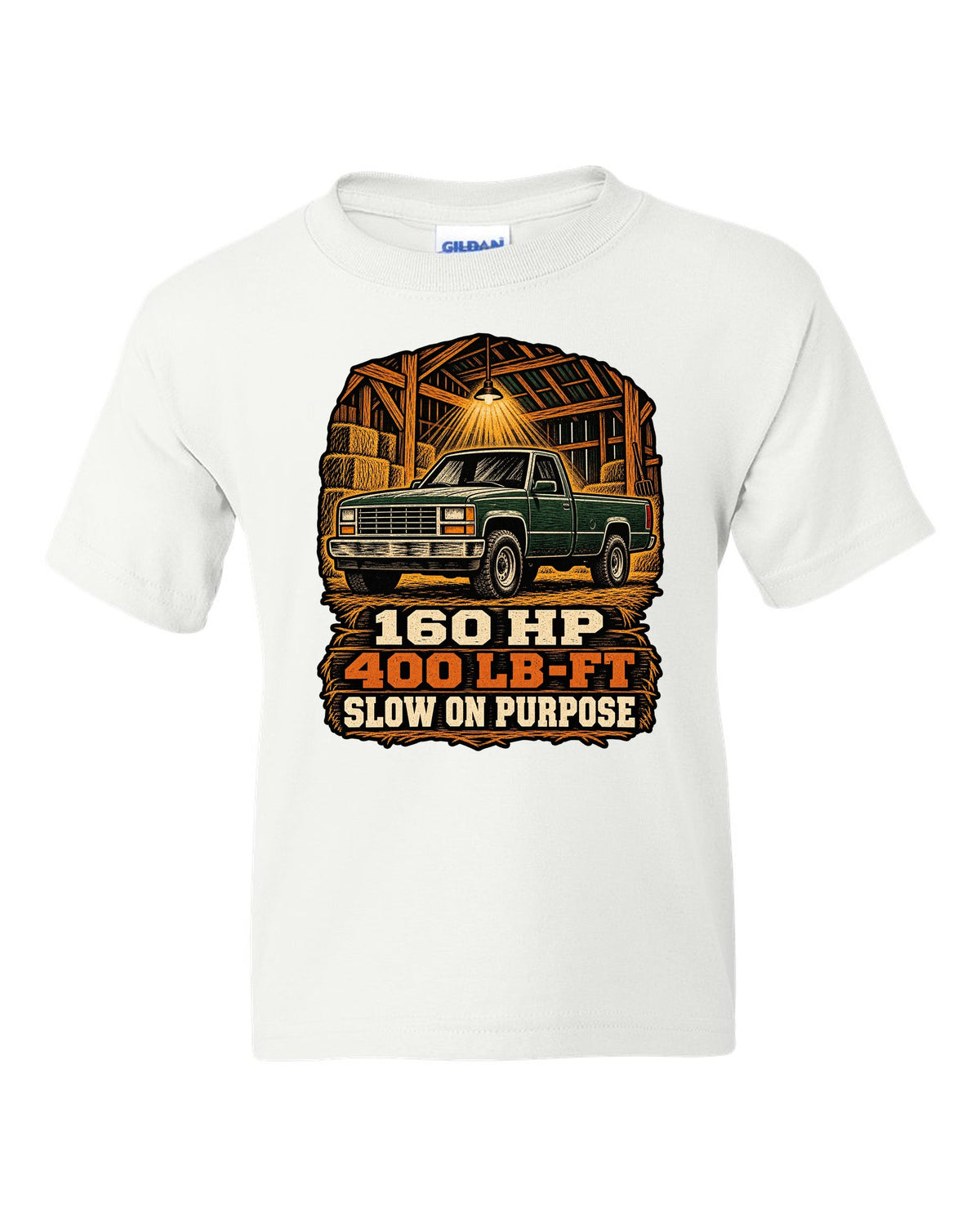 Woodcut style print of a 1989-1993 Dodge Ram D250 Cummins on an oversized shirt white kids tee front view with the design