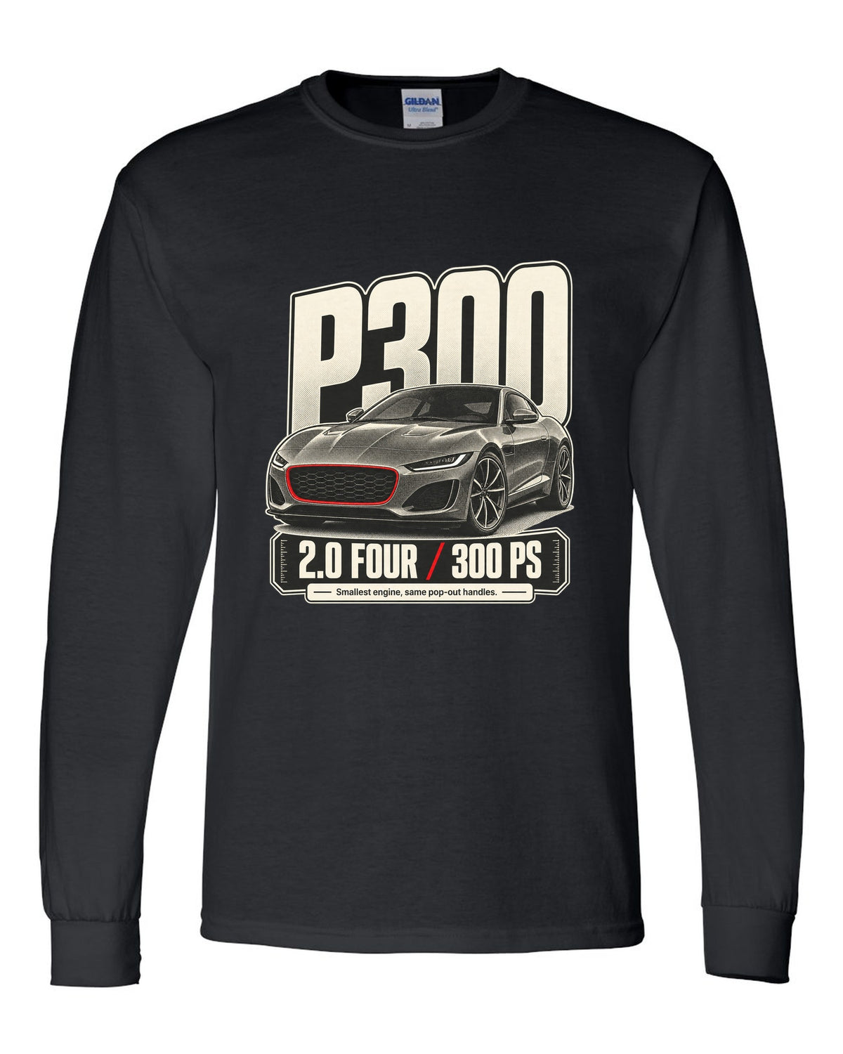 Halftone statement print for the Jaguar F-Type P300 2.0 four-cylinder with 300 PS text black long sleeve front view with the design