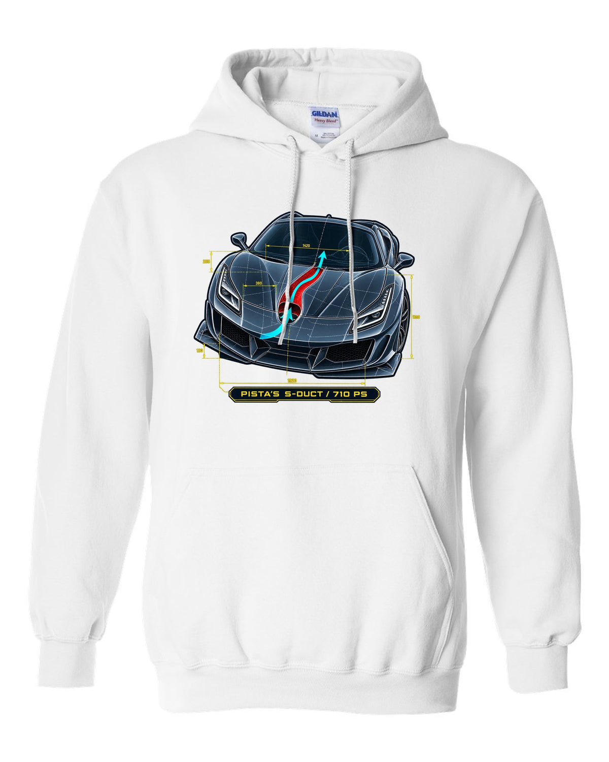 Blueprint line art of the Ferrari F8 Tributo S-duct with Pista reference white pull over hoodie front view with the design