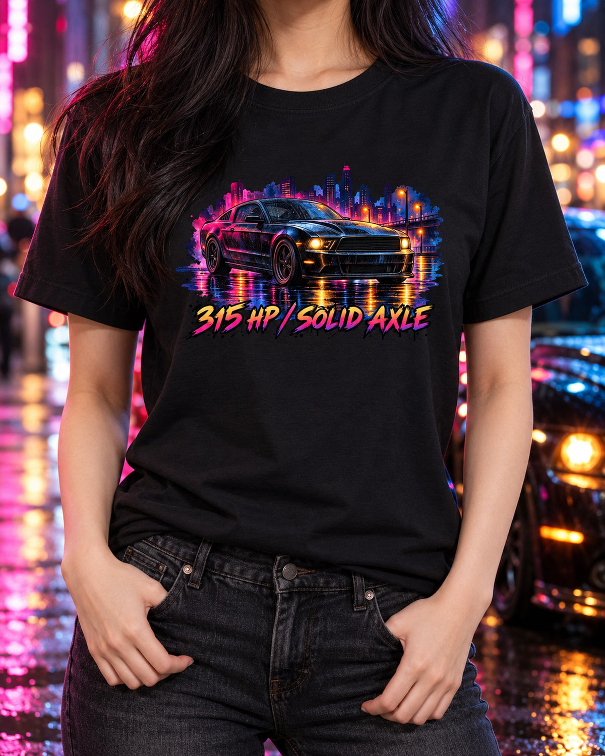 S197 Mustang Fastback Watercolour Wet Road Night Shirt, Solid Axle T-Shirt Black worn hero