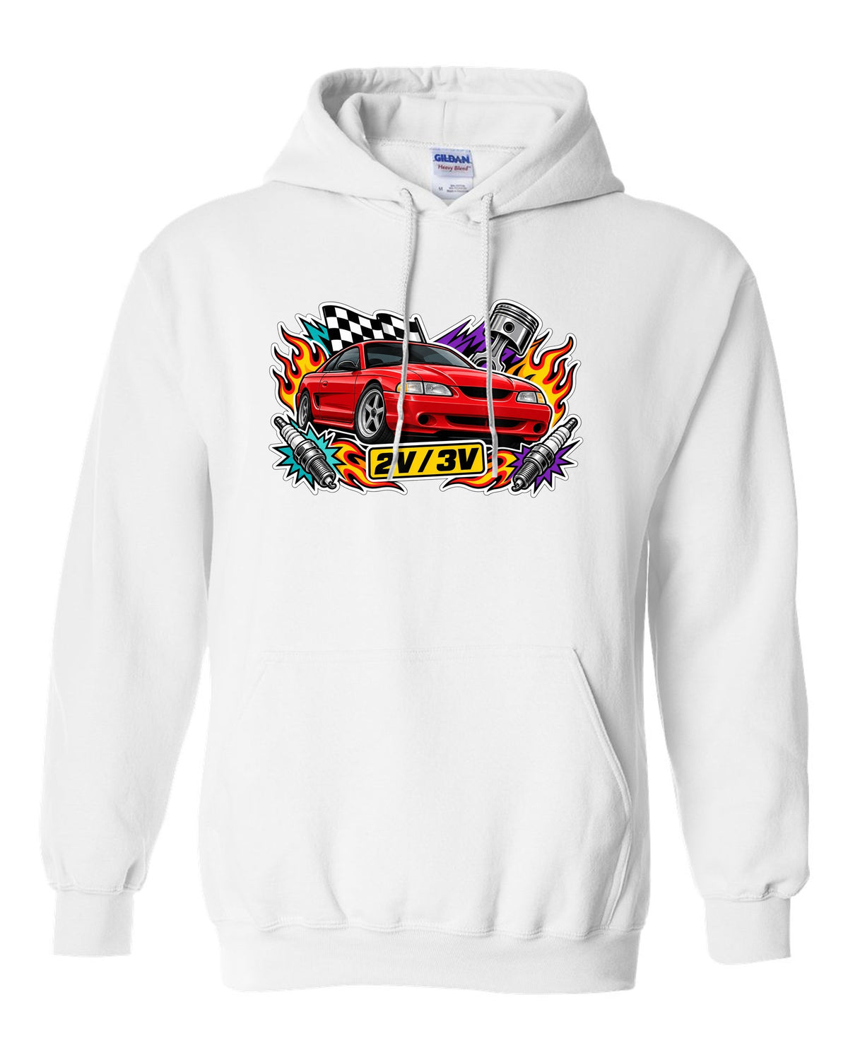 Sticker bomb collage of a 1994-98 SN95 Ford Mustang coupe with 2V 3V text white pull over hoodie front view with the design