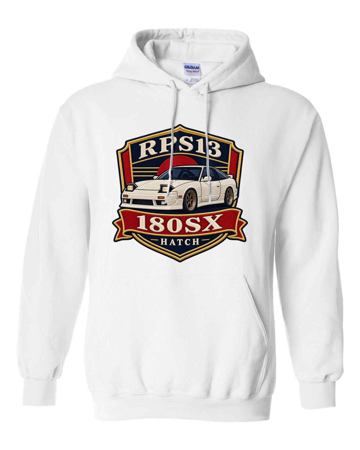 Shield crest print for the Nissan 180SX RPS13 chback white pull over hoodie front view with the design