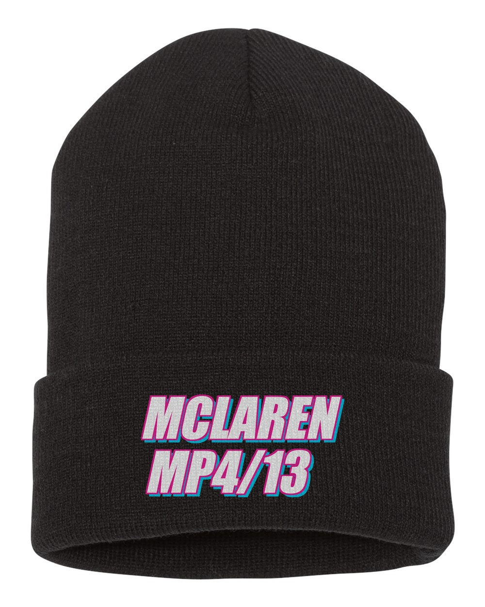 Mclaren Mp4/13 black beanie front view with car name