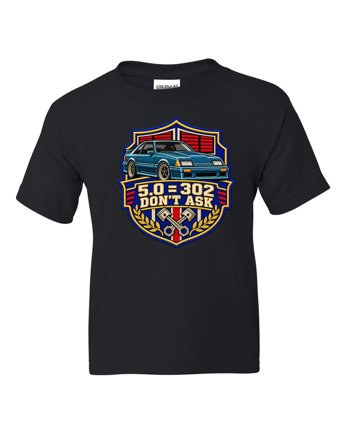 Embroidery-style varsity drag crest print for a Ford Mustang Fox Body chback black kids tee front view with the design