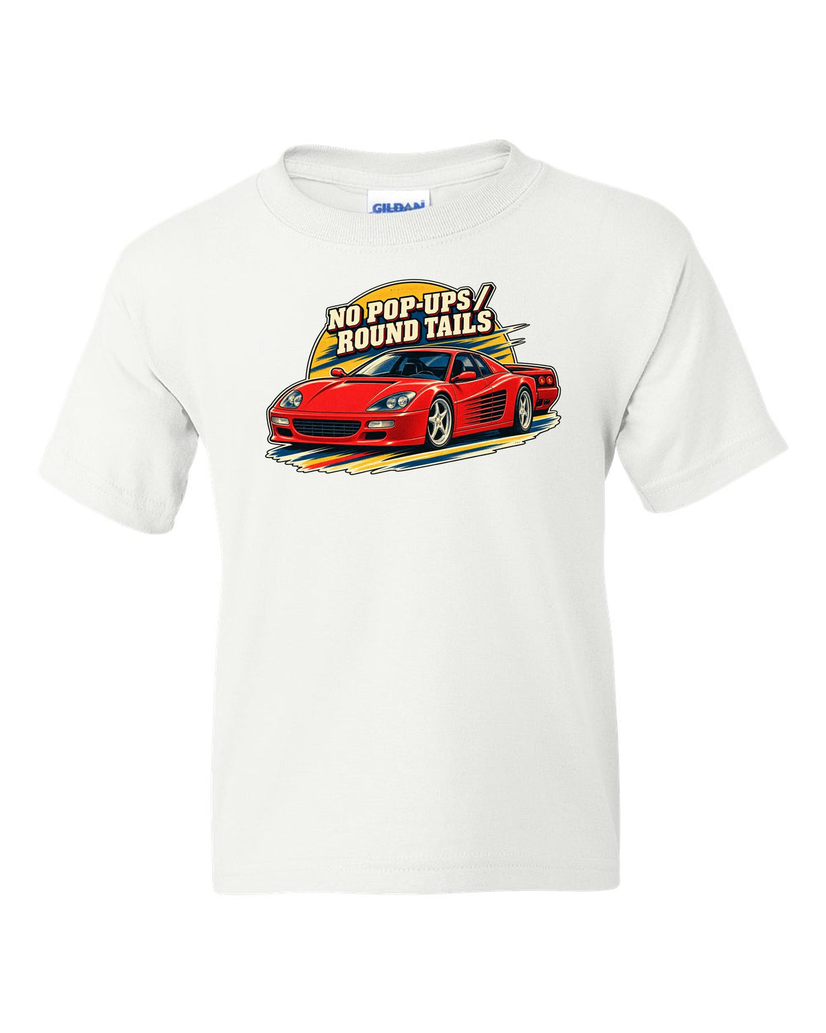 Retro race programme illustration print of the Ferrari F512 M with the text no pop-ups, round tails white kids tee front view with the design