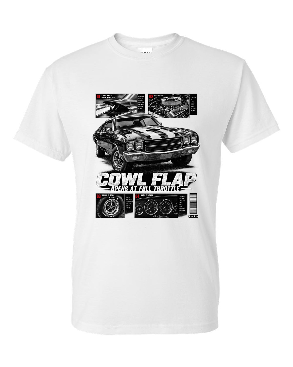 1970 Chevelle SS 454 dossier panel print with cowl flap detail white t-shirt front view with the design