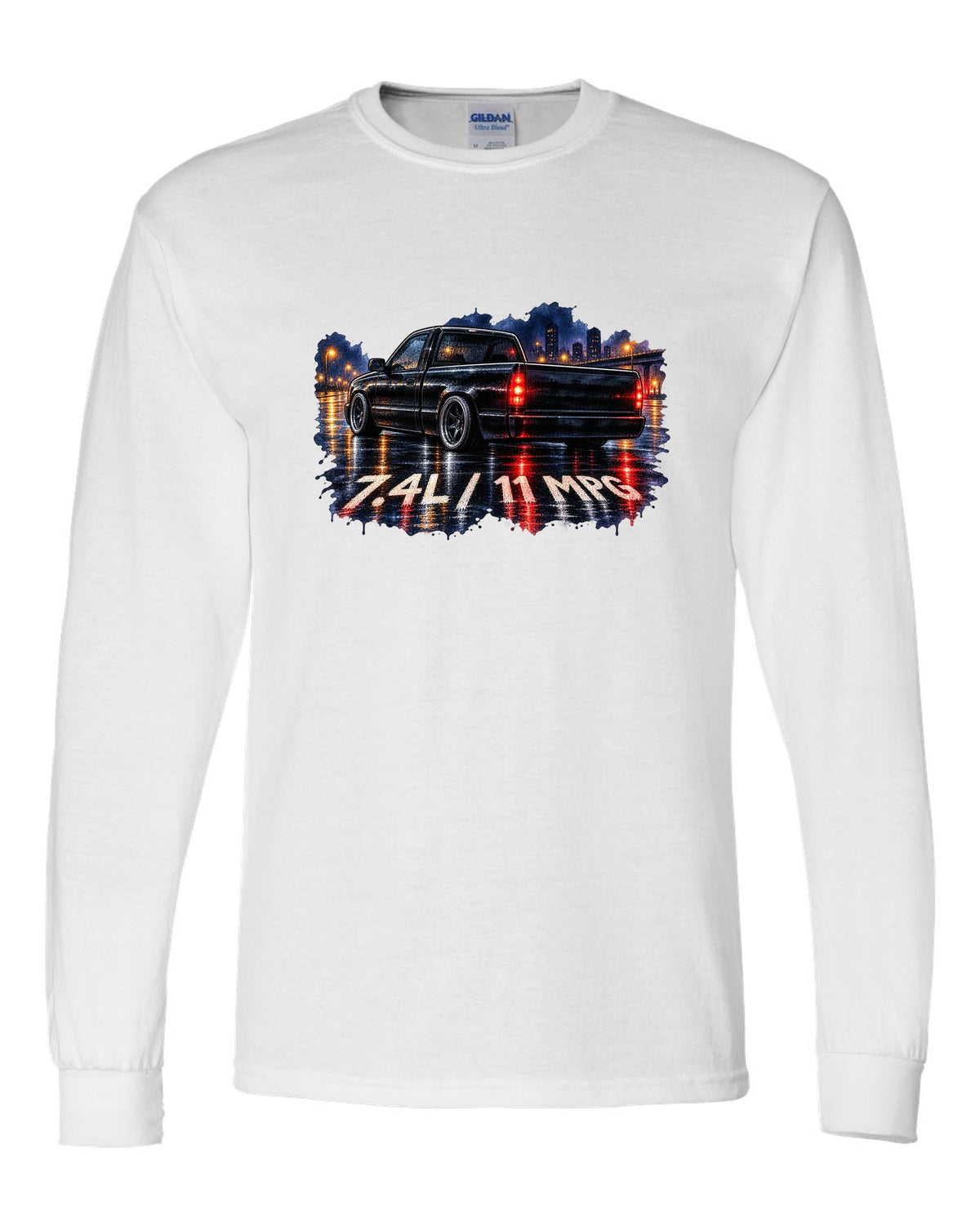 80s airbrush chrome print of a 1990-93 Chevrolet 454 SS pickup with 7.4L and 11 MPG text white long sleeve front view with the design