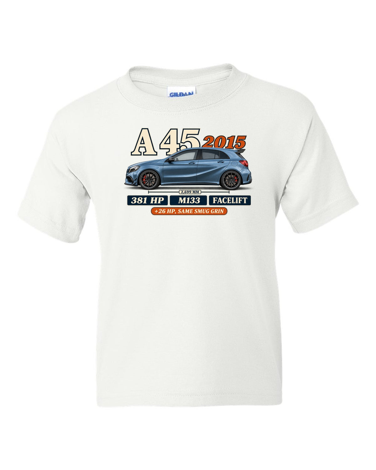 Mercedes-AMG A45 W176 facelift 2015 archive panel print white kids tee front view with the design