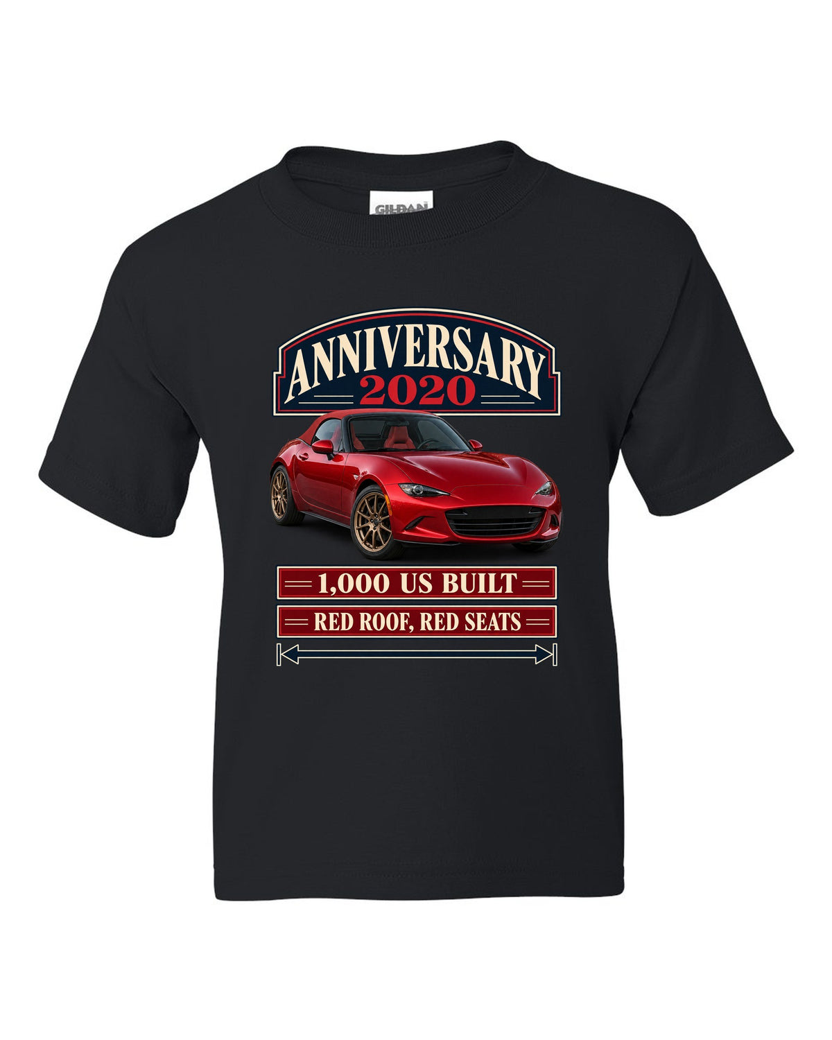 Archive panel layout of a 2020 Mazda MX-5 ND 100th Anniversary Edition with red roof and seats black kids tee front view with the design
