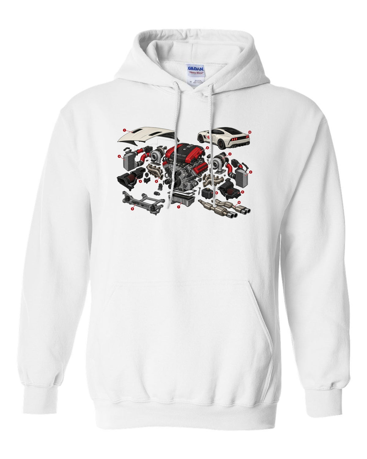 Isometric exploded cutaway print of the Kia Stinger GT CK Lambda II 3.3T engine white pull over hoodie front view with the design