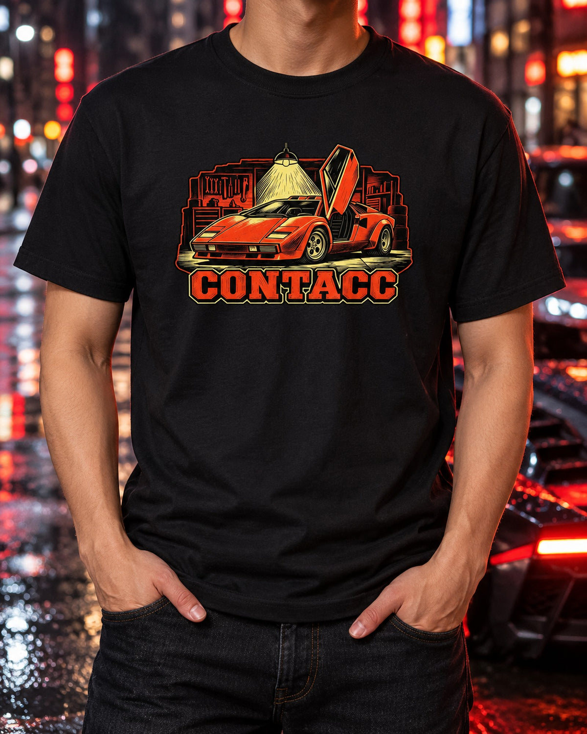 Lamborghini Countach LP400 Linocut Garage Door Shirt T-Shirt Black worn hero