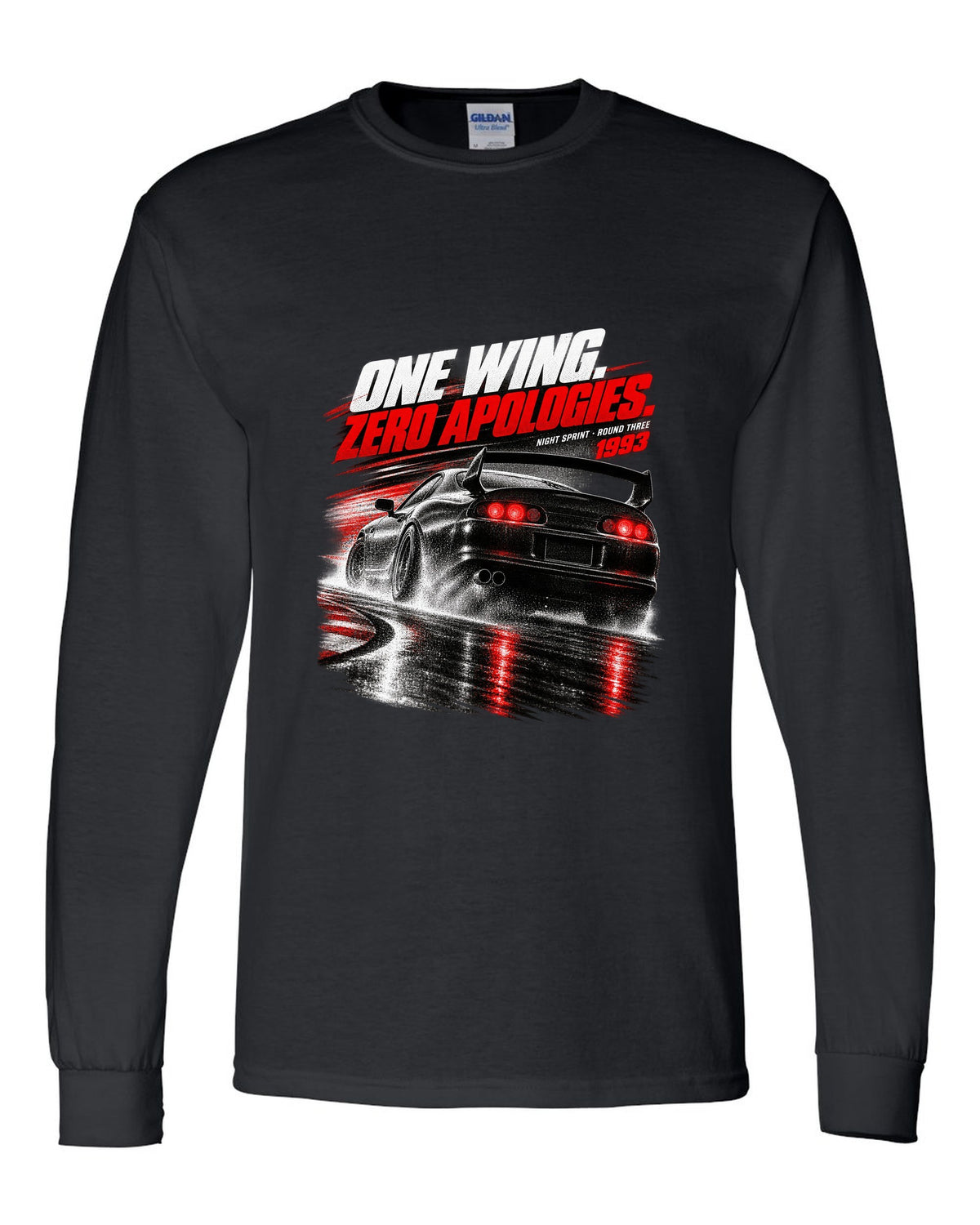 Race poster print of a Toyota Supra A80 JZA80 rear with the text One Wing Zero Apologies Round Three black long sleeve front view with the design