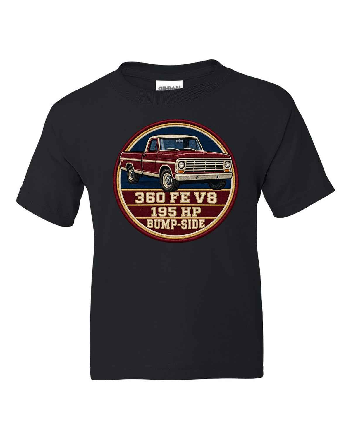 Bump-Side Ford F-Series 1967-72 Crest print Tee black kids tee front view with the design