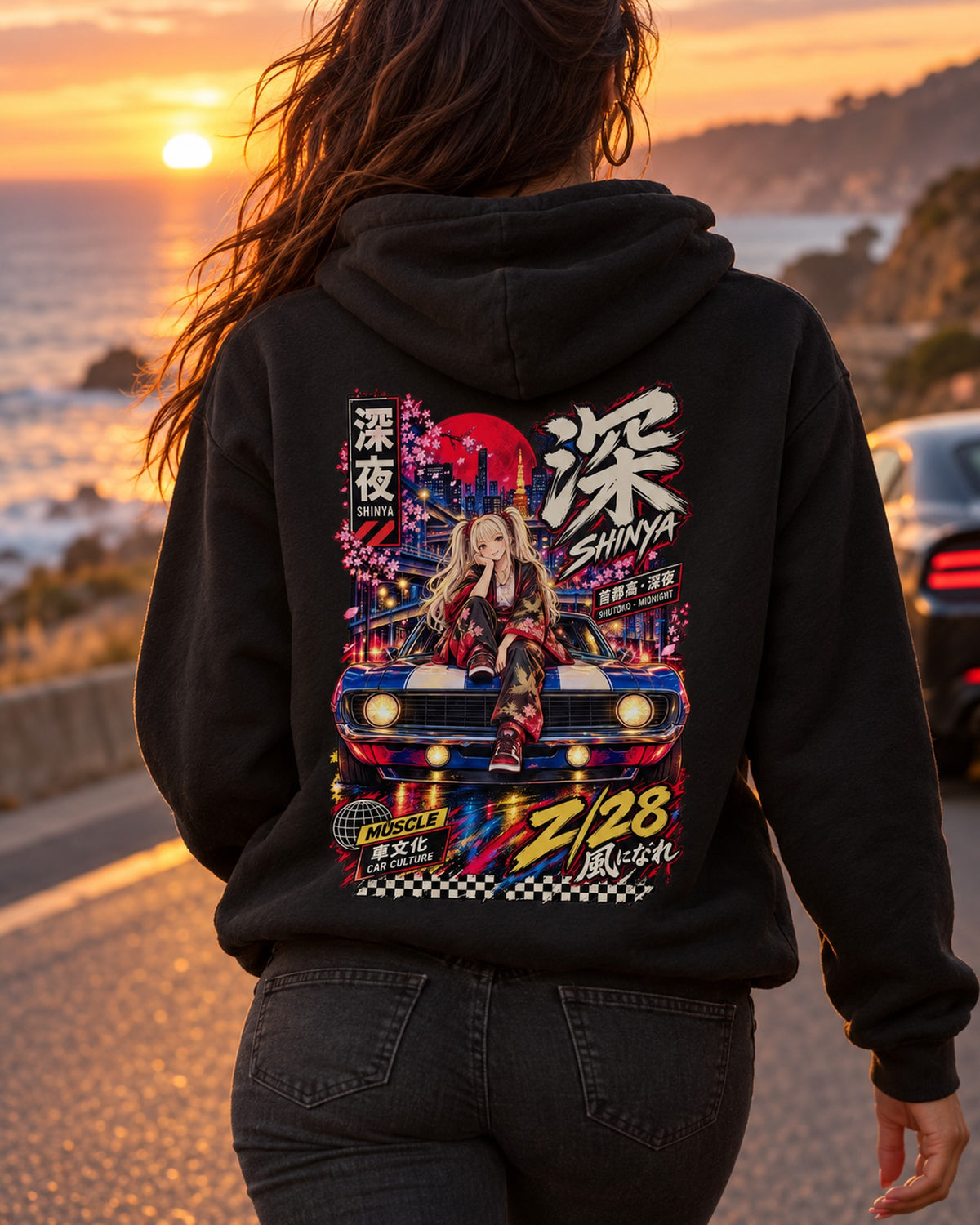 SHINYA Z/28 Anime Girl Full-Back Graphic Tee Pull Over Hoodie Black worn hero