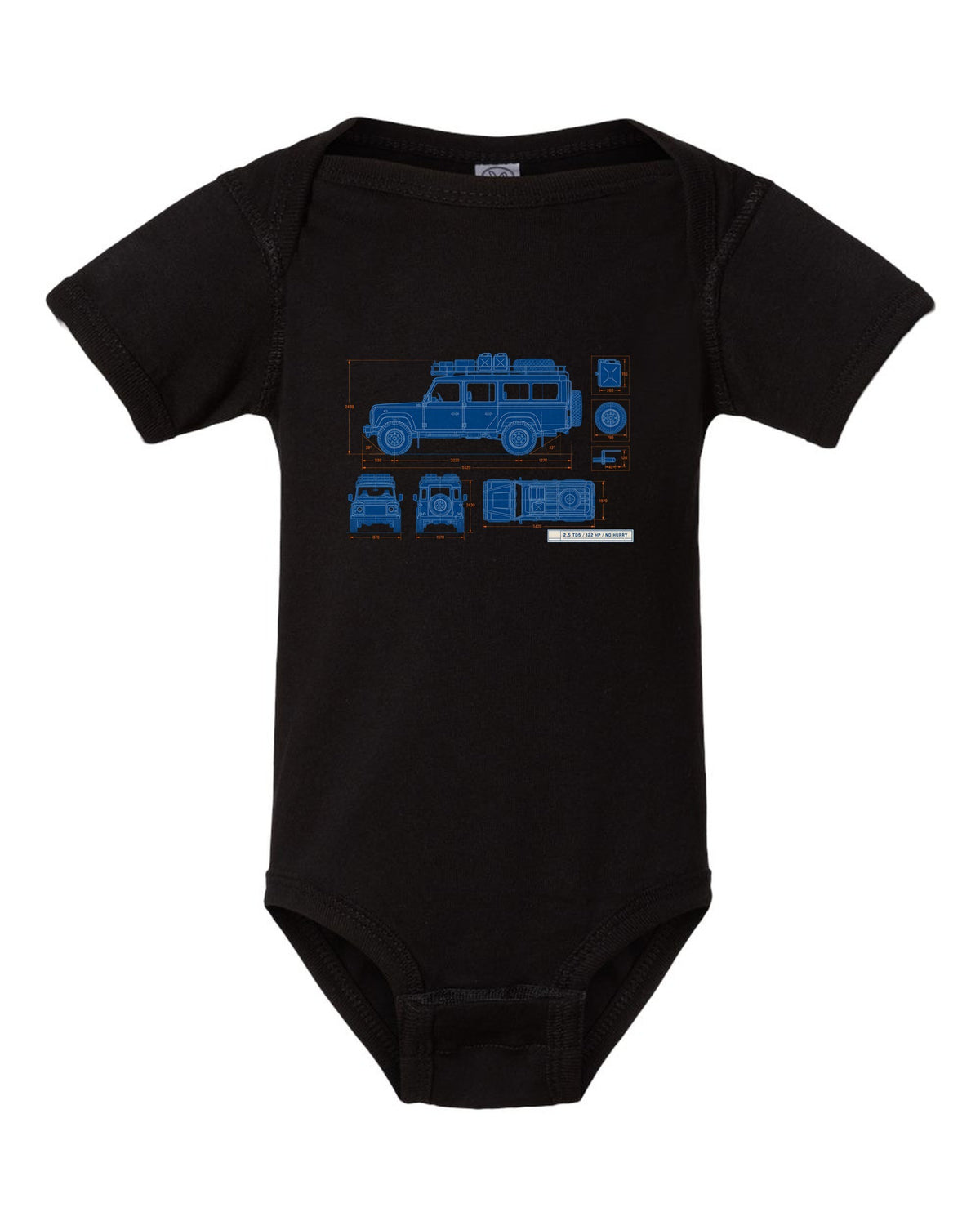 Blueprint line drawing print of a Land Rover Defender 110 Td5 with roof rack and 2.5 TD5 text black baby onesie front view with the design