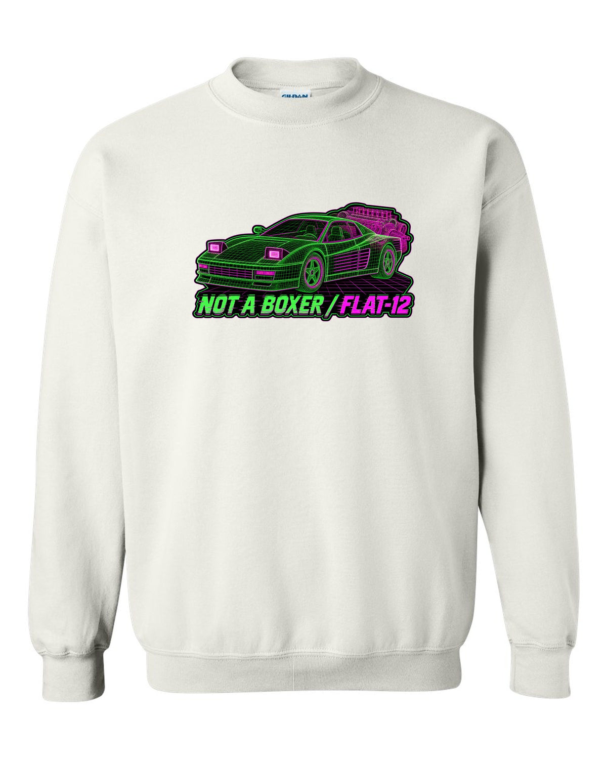 Wireframe mesh print of the Ferrari Testarossa F110 with the text not a boxer, flat-12 white crewneck front view with the design