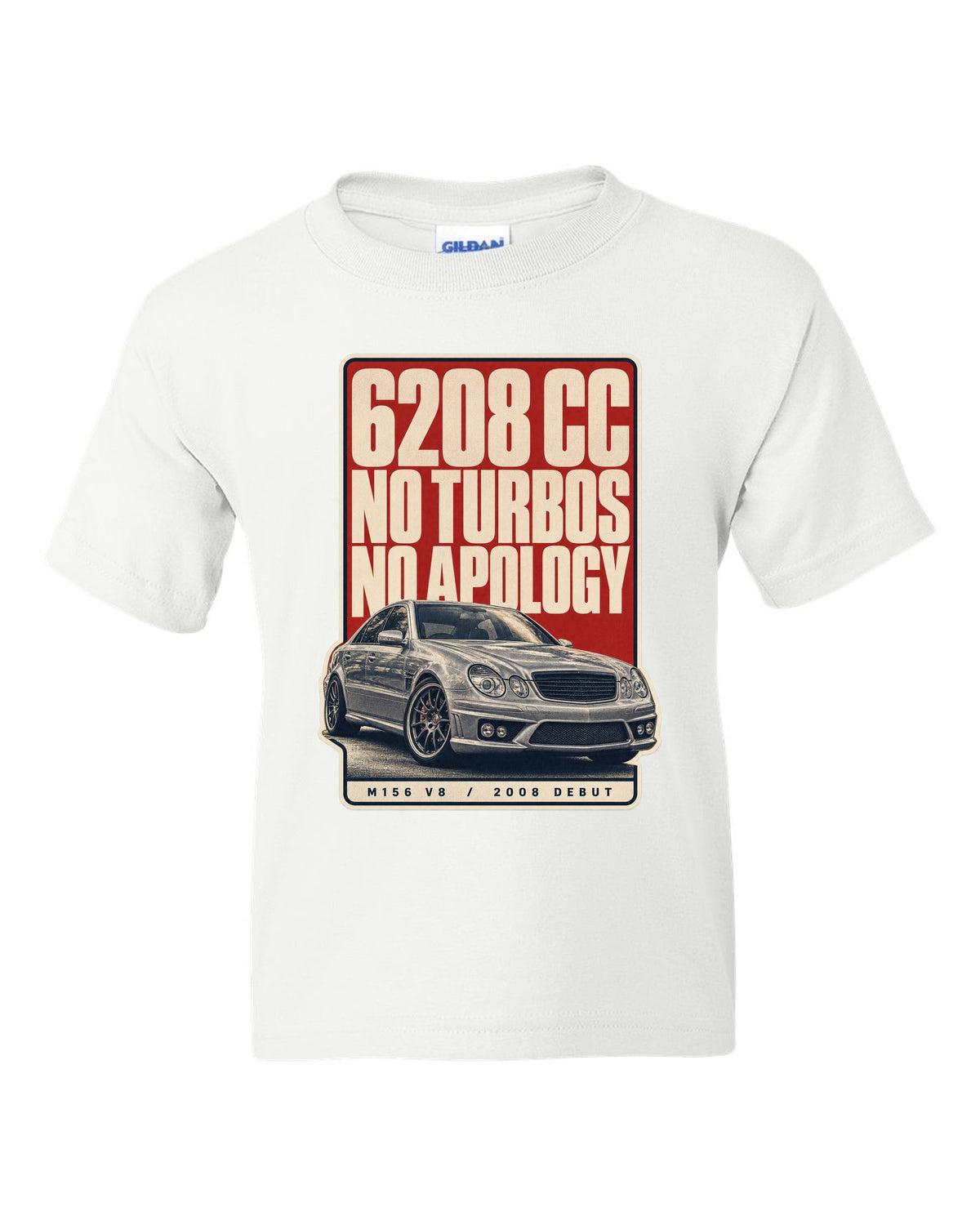 Mercedes-AMG C63 W204 sedan with editorial headline in silver-grey white kids tee front view with the design