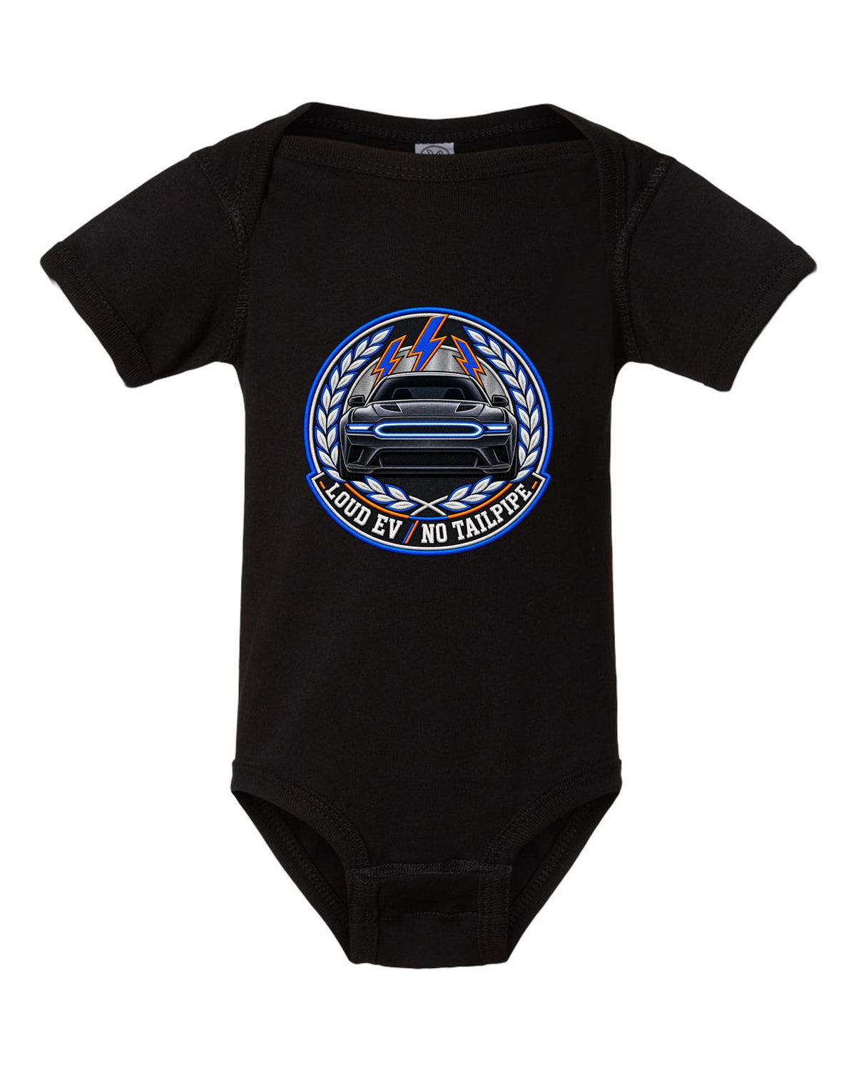 Embroidery-style varsity crest for the 2024 Dodge Charger Daytona EV with loud EV no tailpipe text black baby onesie front view with the design
