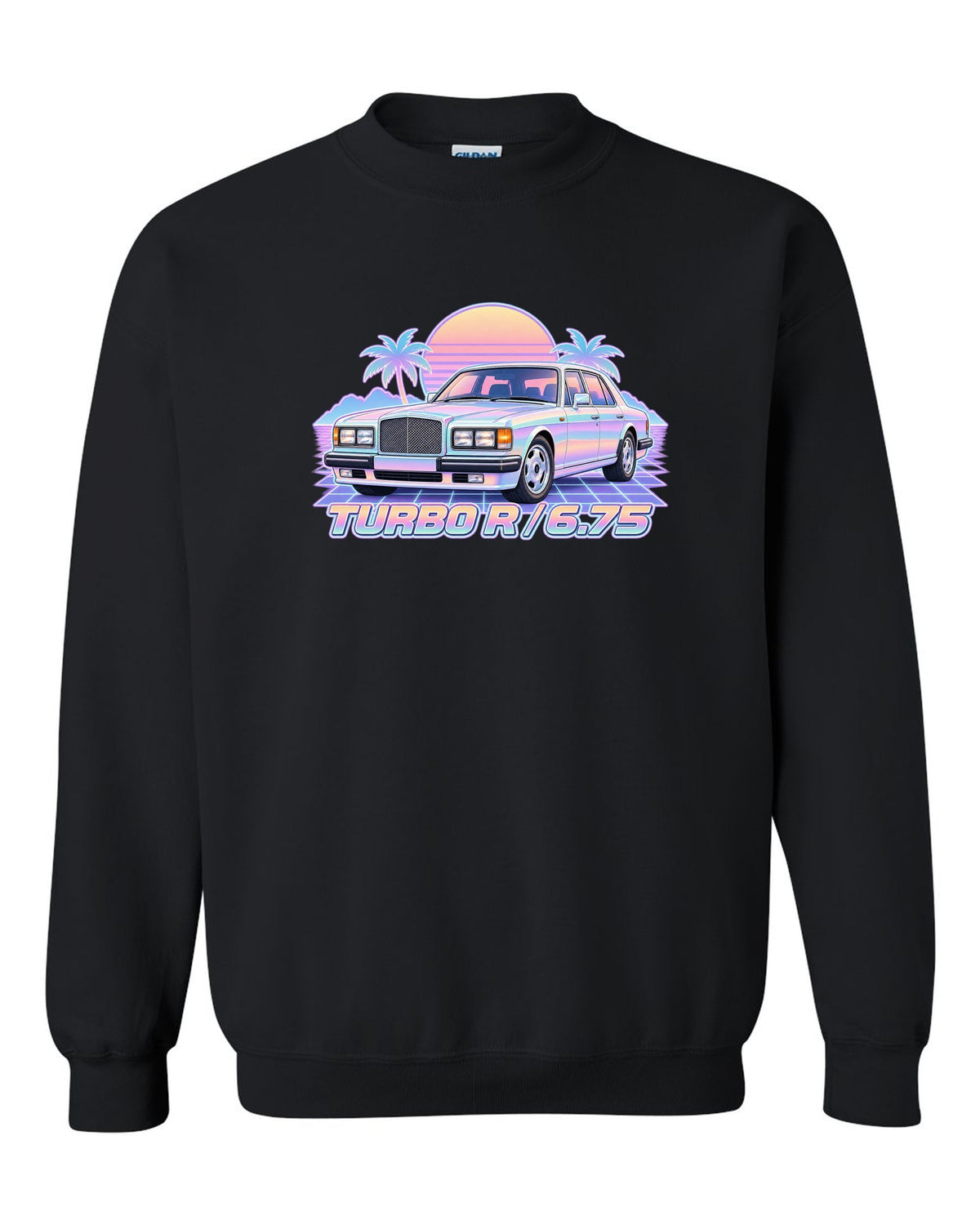 Pastel vaporwave illustration of a Bentley Turbo R front grille with TURBO R 6.75 lettering black crewneck front view with the design