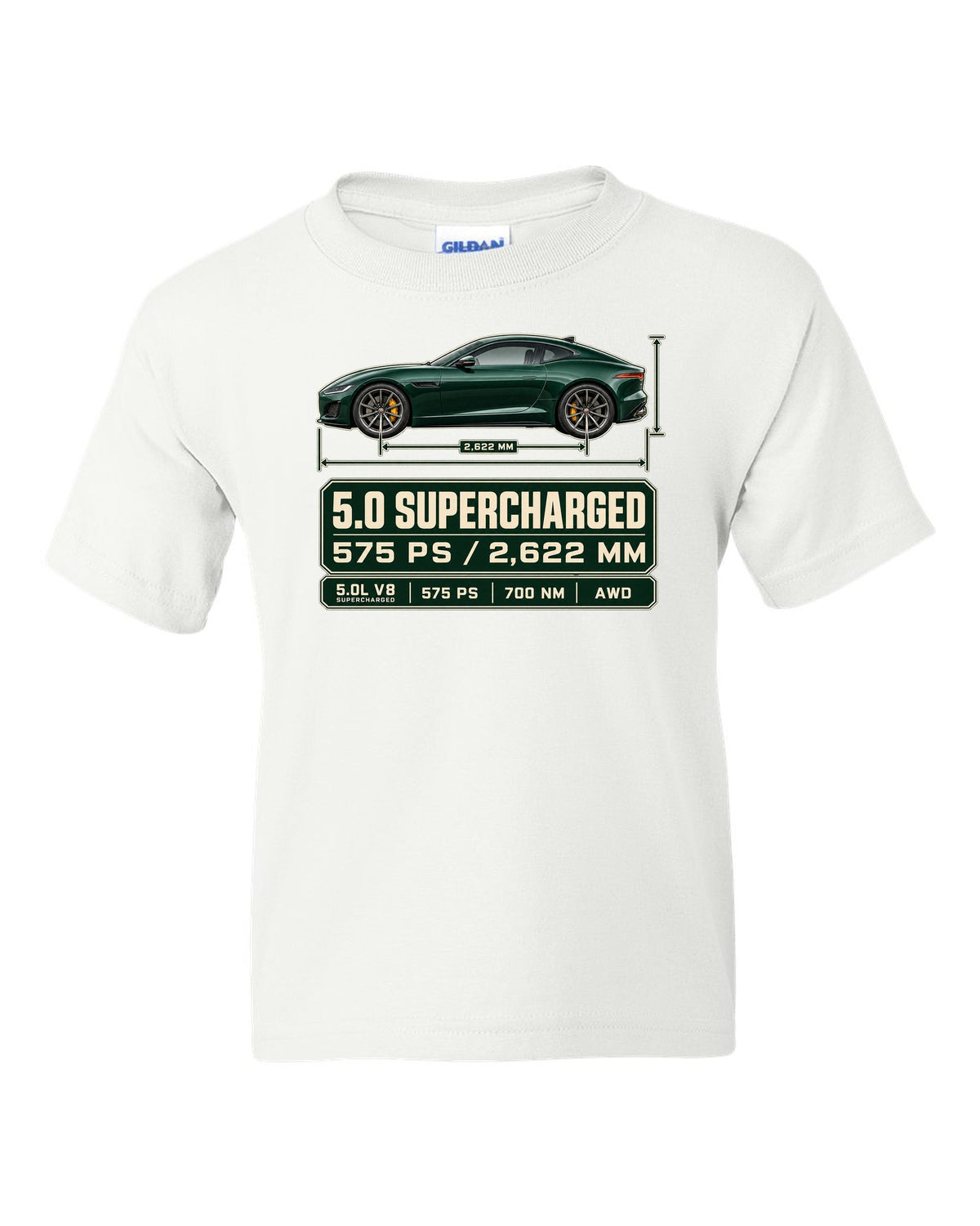 Spec poster print of the Jaguar F-Type R Coupe with 5.0 supercharged and 575 PS text white kids tee front view with the design