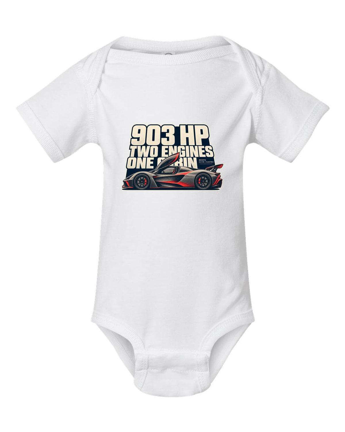 Halftone print of a McLaren P1 in warm grey and red, 903 HP two engines white baby onesie front view with the design