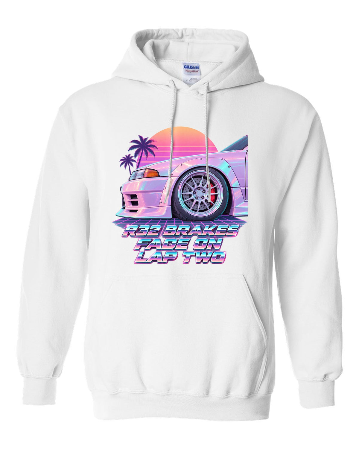 Vaporwave pastel print of a brake wheel with Nissan Skyline GT-R BNR32 brake fade lettering white pull over hoodie front view with the design