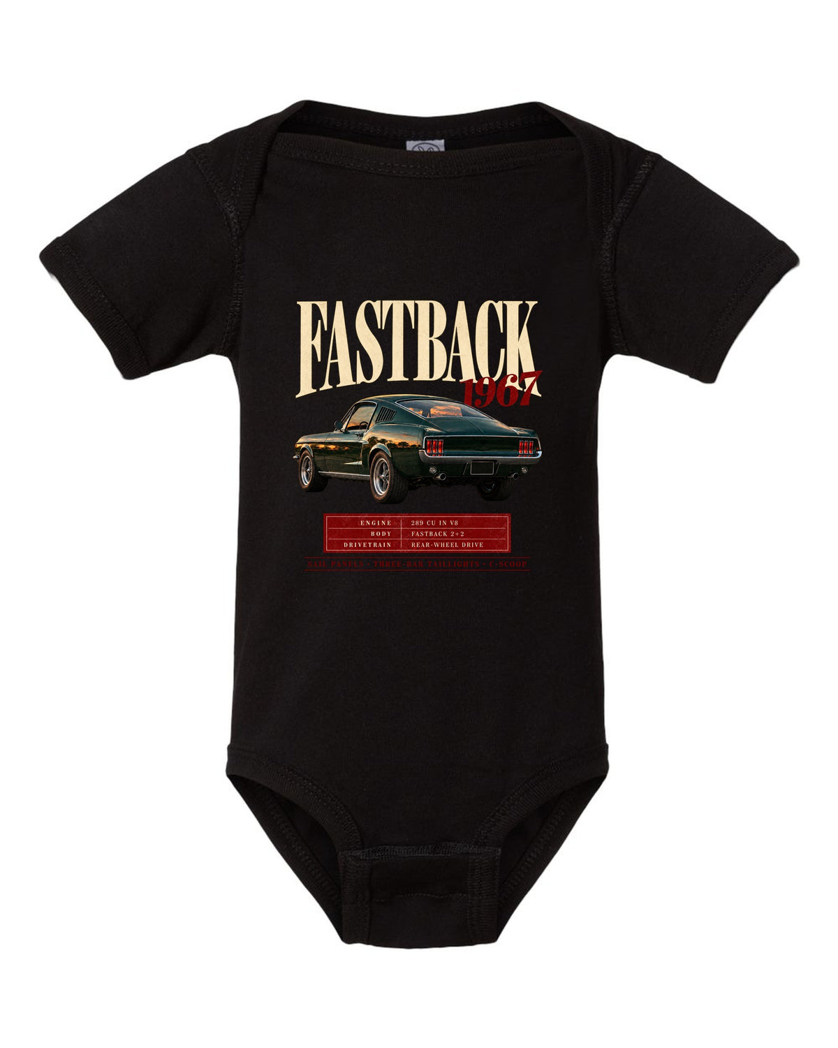 Archive panel illustration of a 1967 Ford Mustang fastback with 289 V8 spec callouts black baby onesie front view with the design