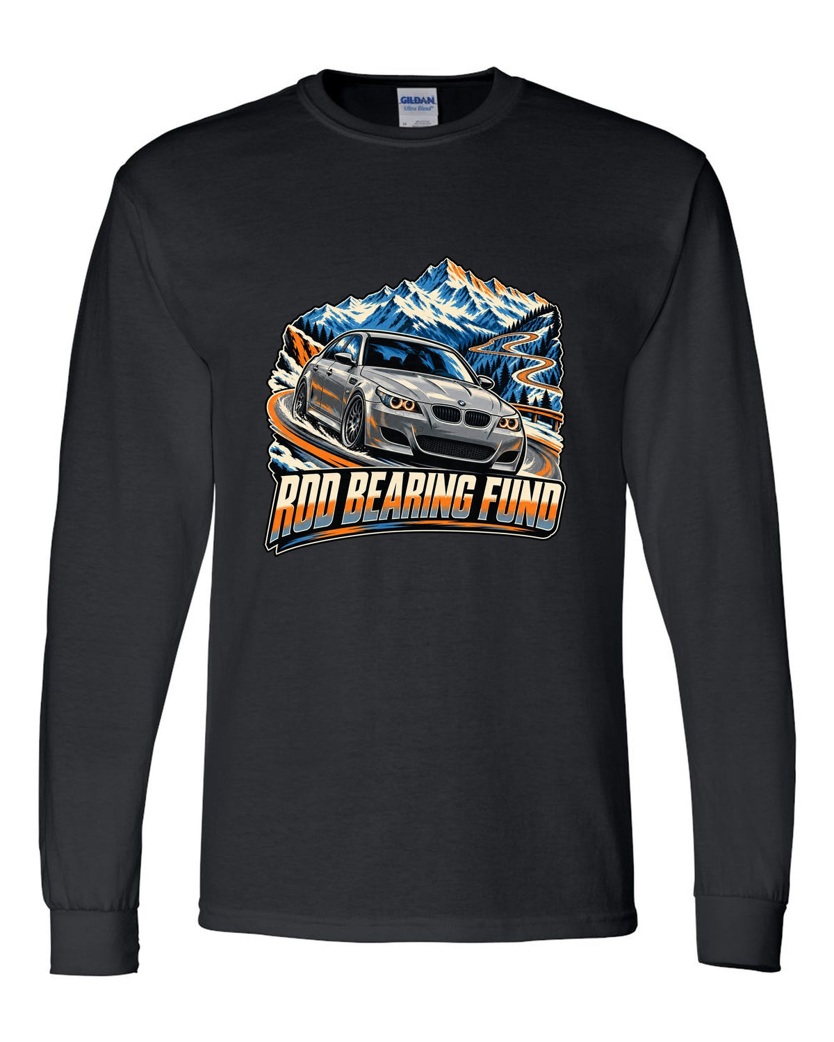 Retro Japanese showa catalogue print of a BMW M5 E28 with S38 3.5 six text black long sleeve front view with the design