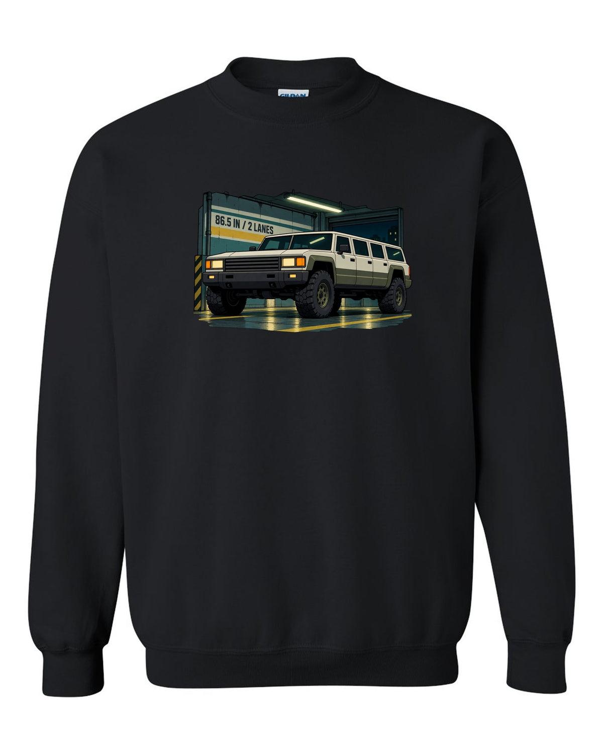 Cel-shaded 90s anime style Hummer H1 in a garage with 86.5 IN and 2 LANES text black crewneck front view with the design