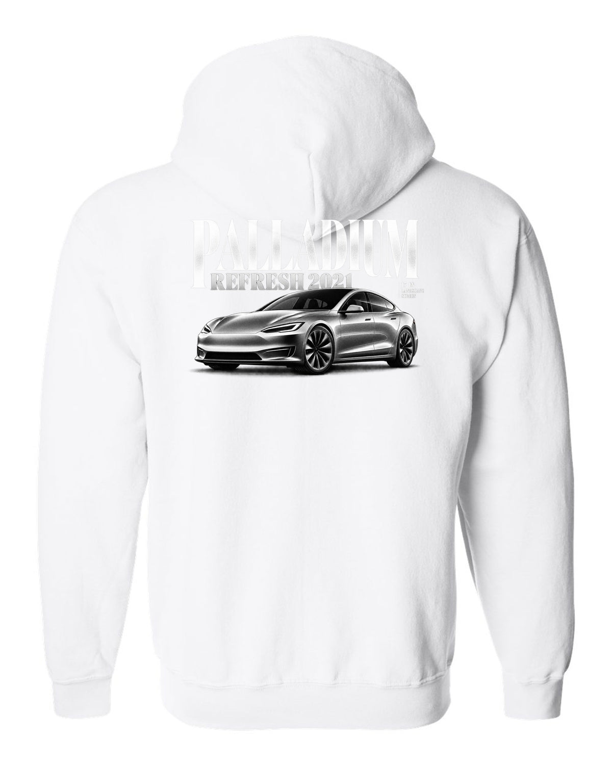 Editorial headline print of a Tesla Model S Palladium 2021 front three-quarter view white zip hoodie back view with the design