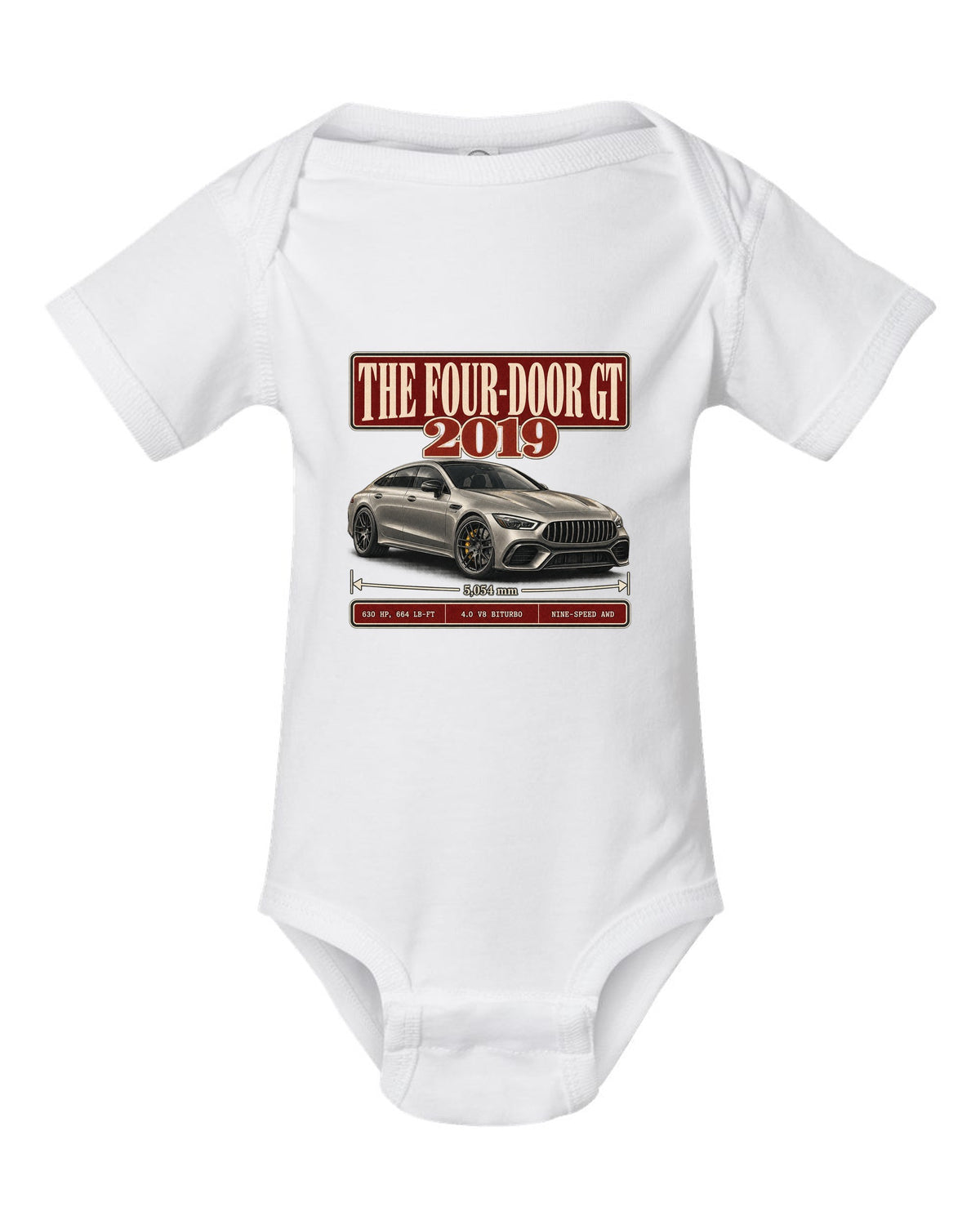 Mercedes-AMG GT 63 S 2019 archive panel design in warm silver-grey white baby onesie front view with the design