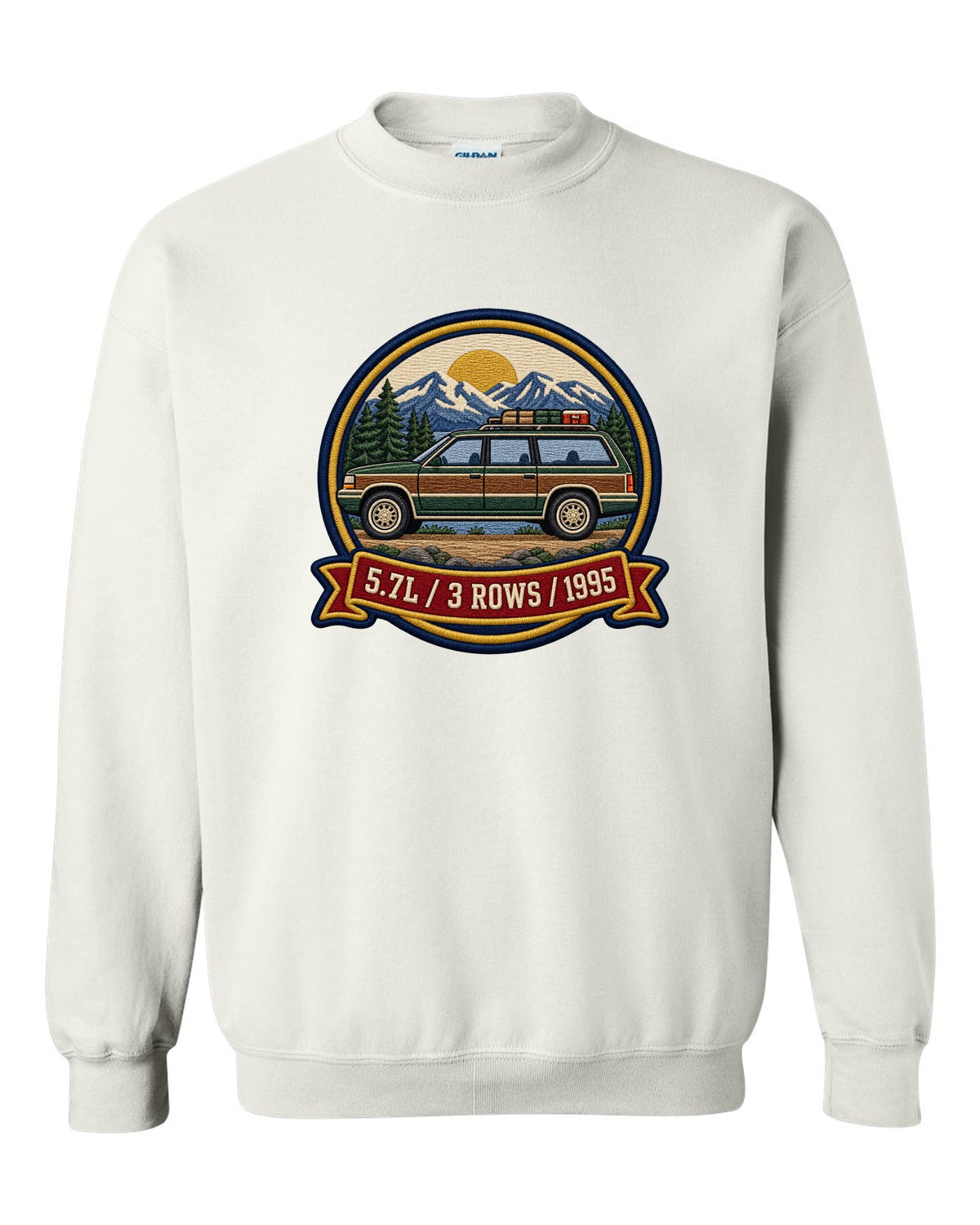 Varsity round crest print for a 1992-1999 Chevrolet Suburban GMT400 with 5.7L, 3 Rows, 1995 text white crewneck front view with the design