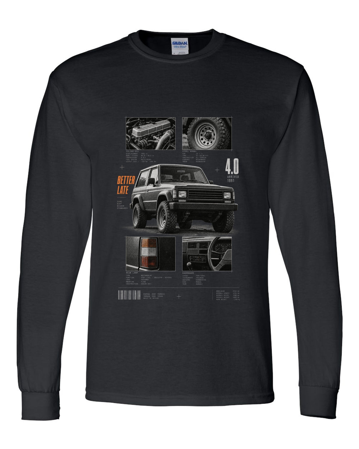 Dossier panel print for the Jeep Wrangler YJ 4.0, arrived 1991 black long sleeve front view with the design